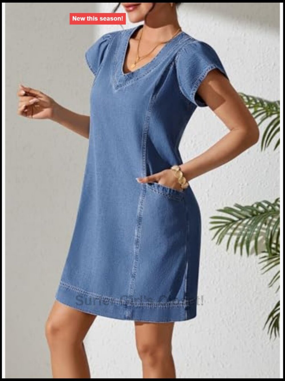 Short Sleeve V Neck Loose Denim Dress with Pockets Casual - Picture 3 of 7